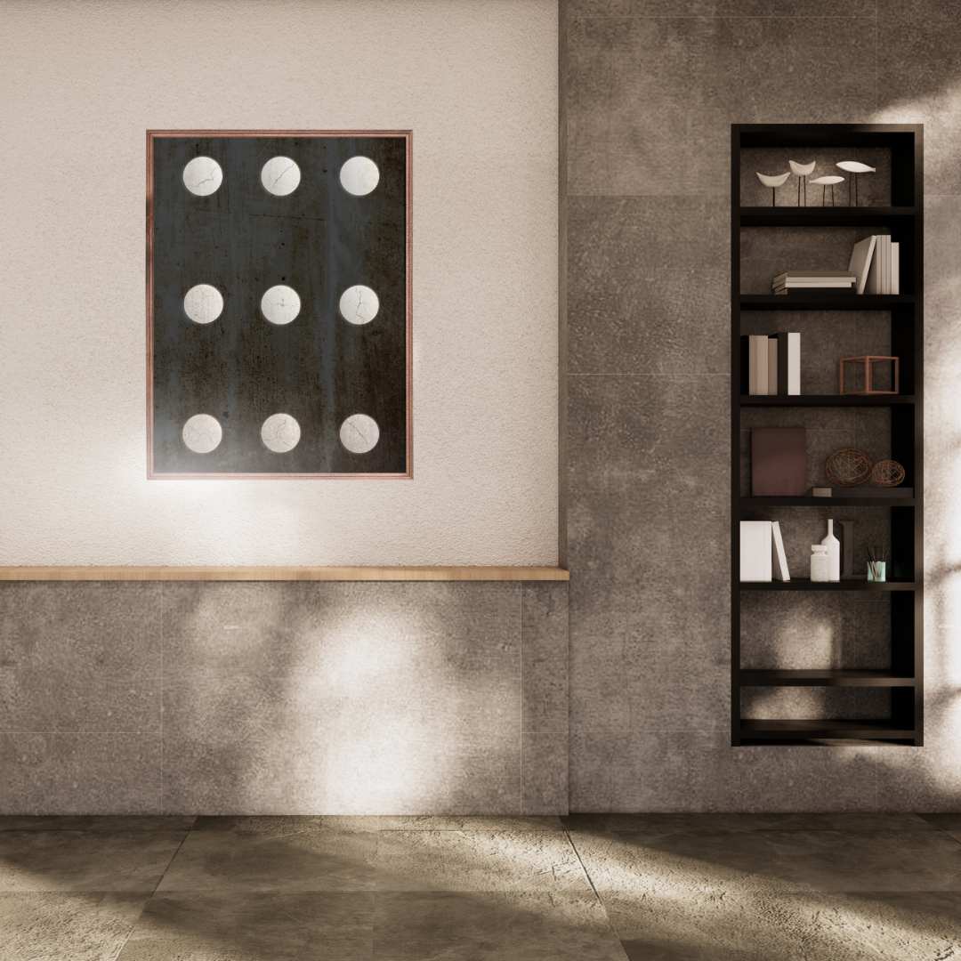 Modern Japandi styled interior with a Wabi Sabi wall art piece and a bookshelf.