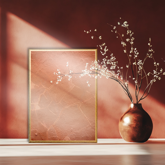 Terracotta Wabi Sabi wall art against a textured wall next to a Japandi vase with cherry blossom branches.