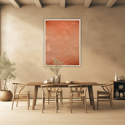 Earth toned Japandi style dining room with wooden table and chairs, framed Wabi Sabi artwork on the wall, and decorative items.