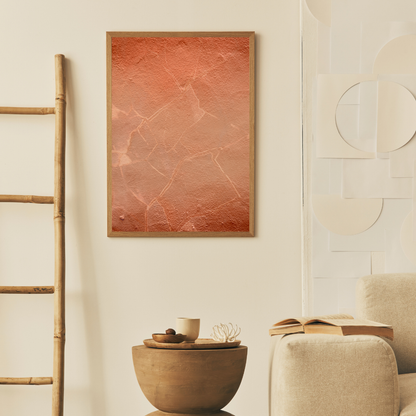 Wabi Sabi textured abstract wall art in a Boho living room setting with a wooden ladder, side table and beige sofa.