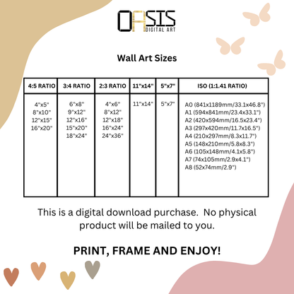 Digital print wall art size guide showing various aspect ratios and recommended frame sizes.
